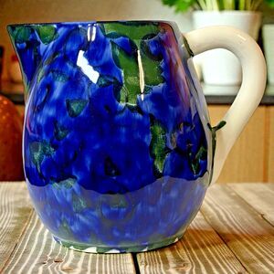 Cobalt Blue & Green Floral Flowers Creamer Pitcher Vase 5” Decor Ceramic